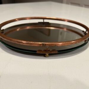 Vintage Oval Mirrored Copper Footed Vanity Tray 9”x7”